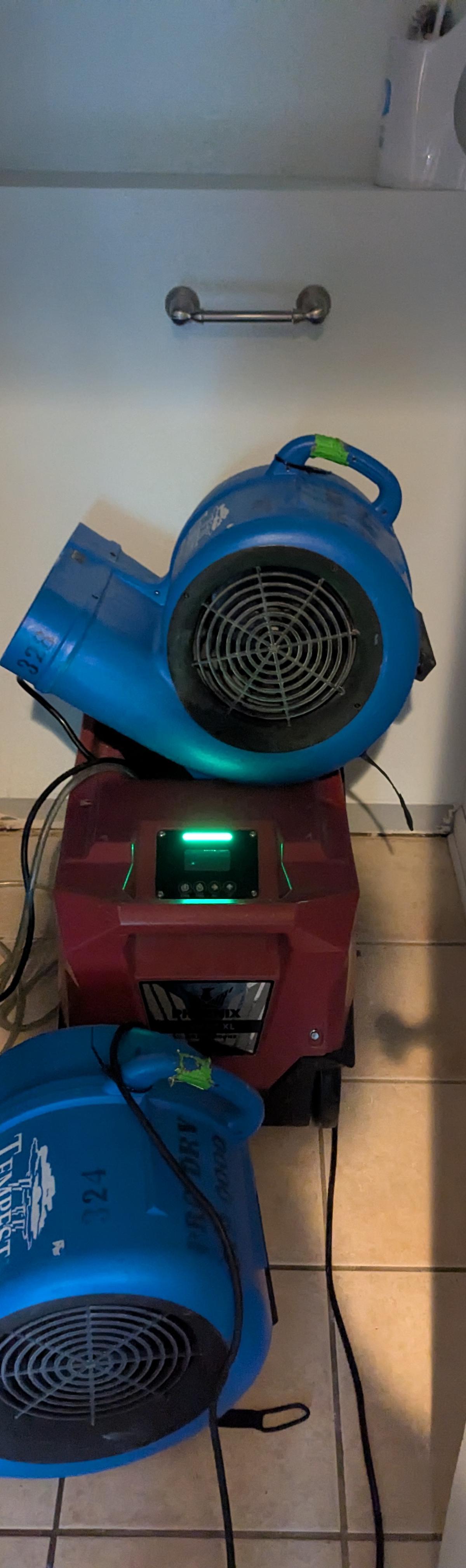 Air movers and a dehumidifier drying a bathroom in a Lisle home